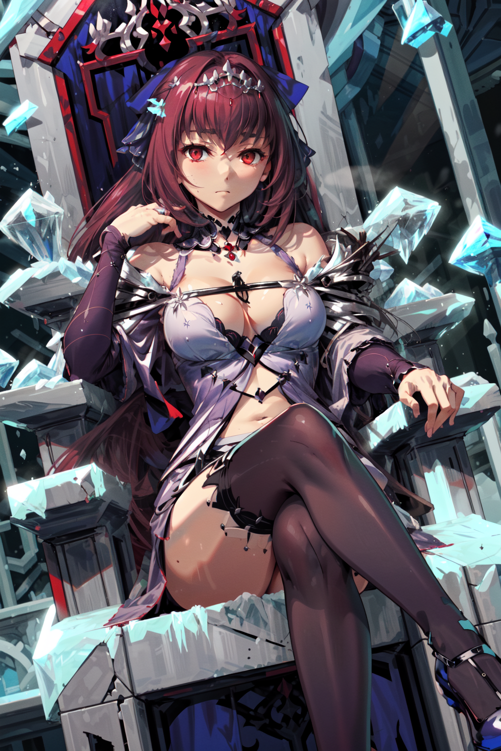 masterpiece,best quality,1girl,mature female,scathach skadi \(fate\),DefaultOutfit,C1,expressionless,sitting,crossed legs,...